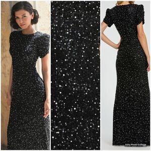 MAC DUGGAL 24003 Womens Black Gathered Short Sleeve Beaded Gown